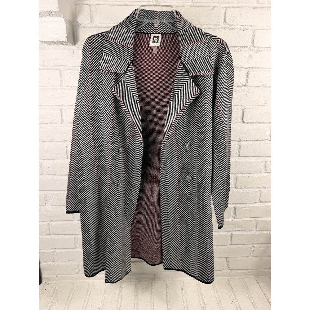 Old Money Anne Klein M Herringbone Knit Long Blazer Black White Red Coat